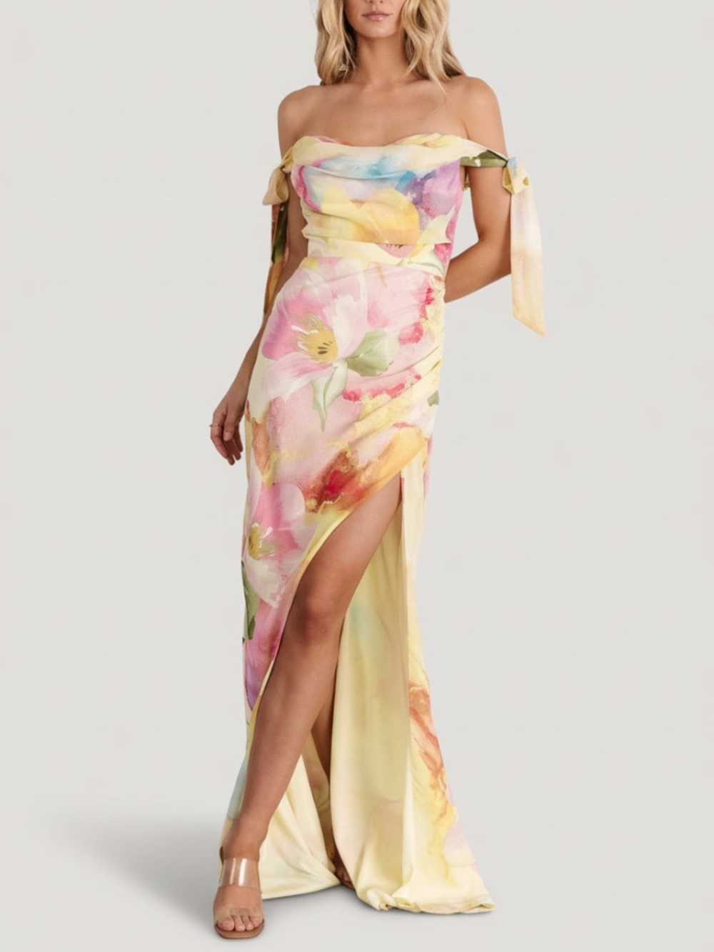 Baltic Born Pastel Floral Off-Shoulder Maxi Dress in Yellow and Pink